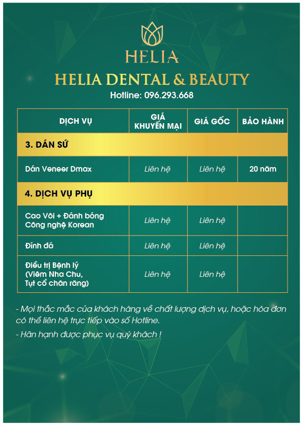 Bảng giá dịch vụ tại Nha Khoa Quốc Tế Helia Mới & Đầy Đủ nhất năm 2021